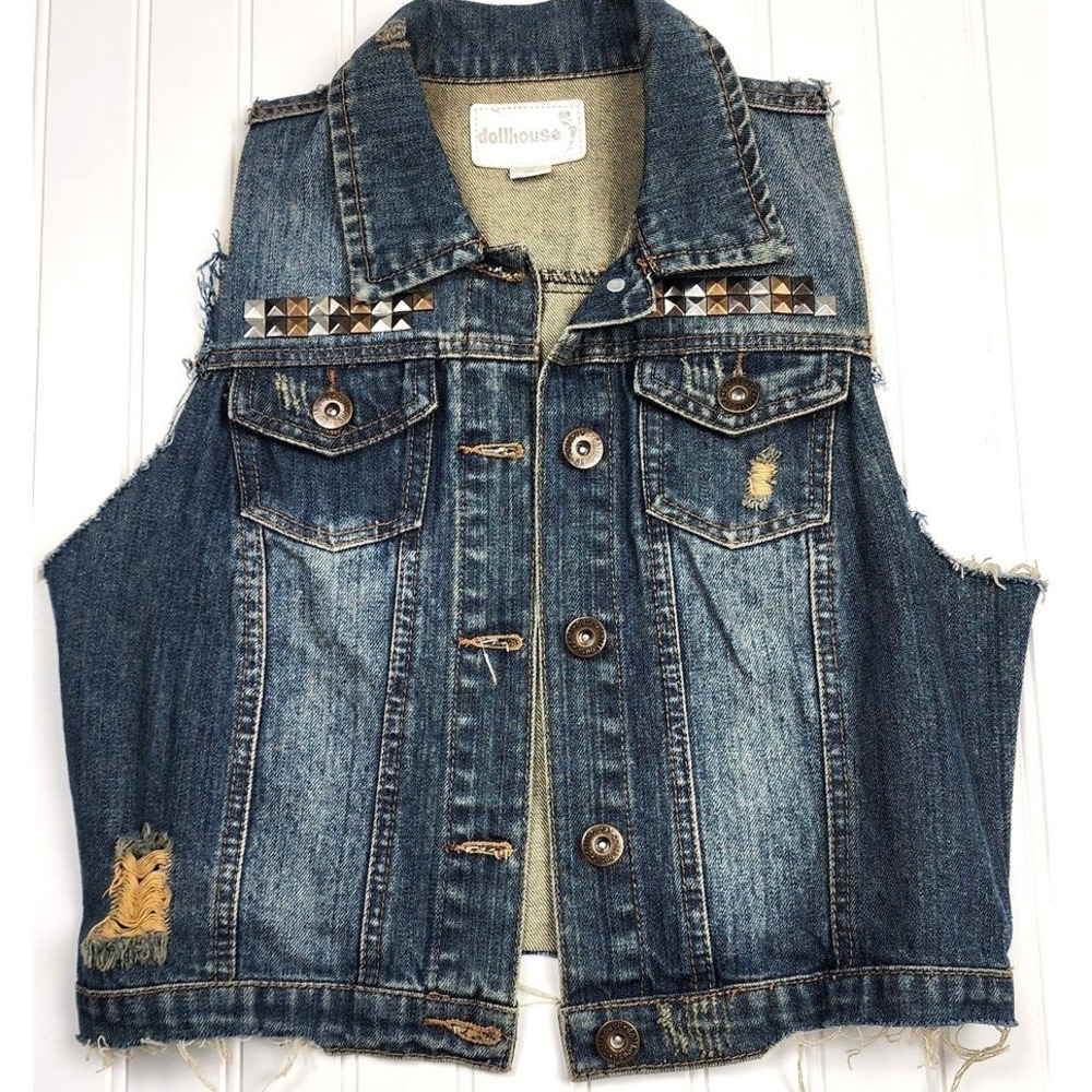 Dollhouse Womens‎ M Distressed Denim Vest Studded Frayed Y2K Biker